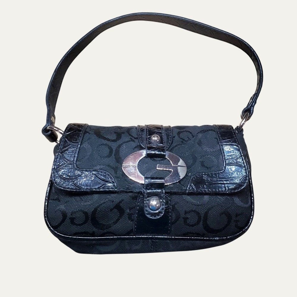 Guess Black Monogram Baguette Shoulder Bag Croc Trim Silver G Logo Y2K Vintage
